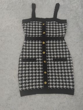 Black and White Houndstooth Button-Front Mini Dress